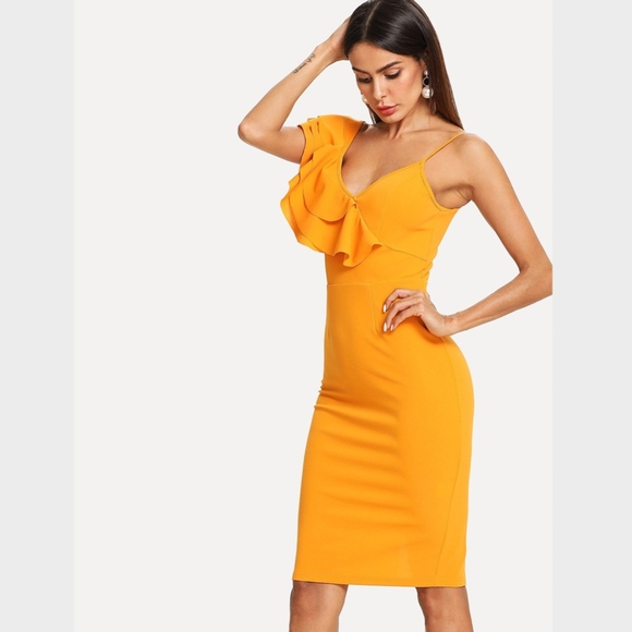 Layered Flounce Trim Slit Pencil V-Neck Dress - Picture 2 of 6